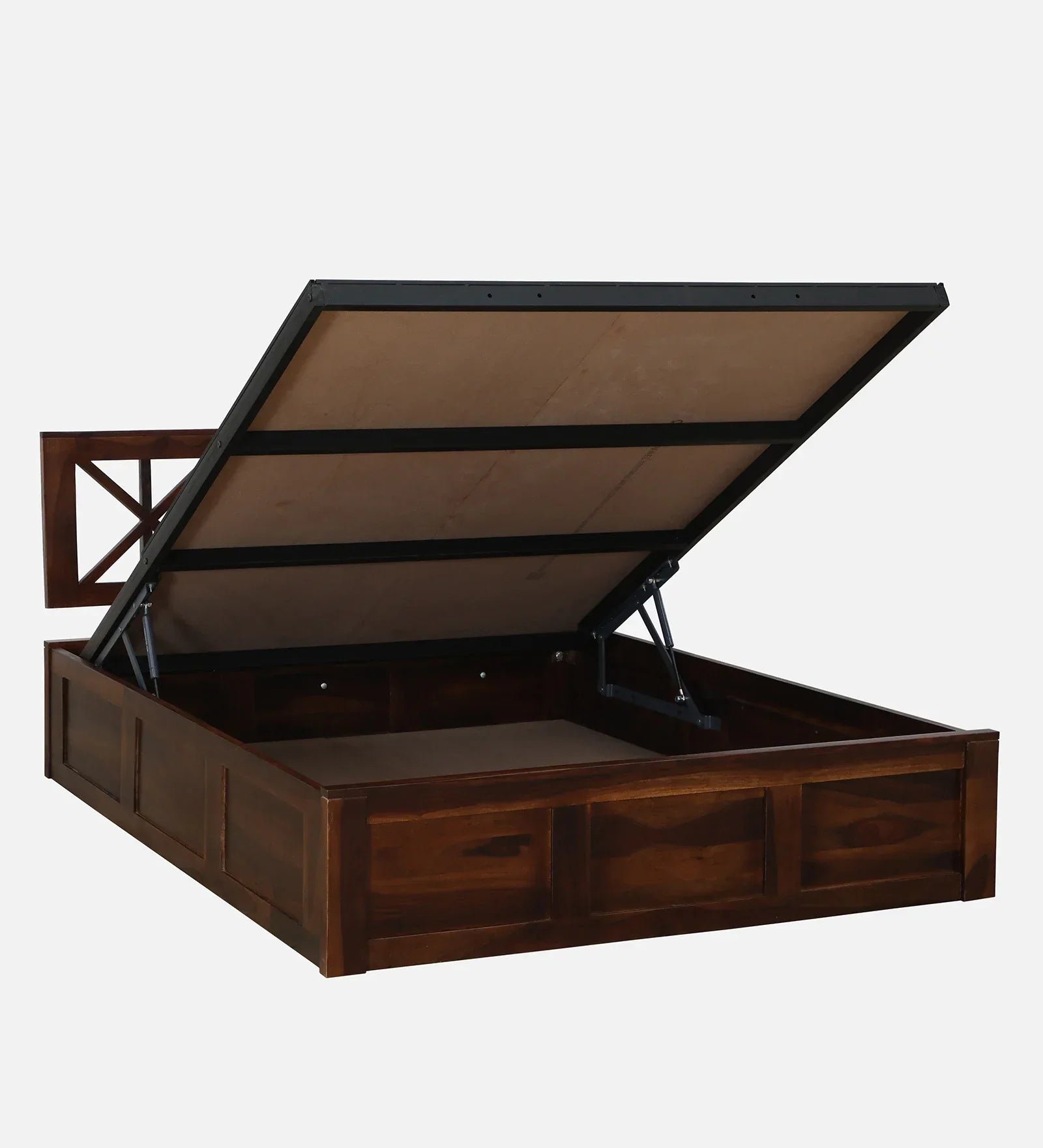 Sheesham Wood Queen Size Bed In Provincial Teak Finish With Headboard & Hydraulic Storage - Image 2