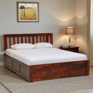 Sheesham Wood Queen Size Bed In Honey Oak Finish With Box Storage