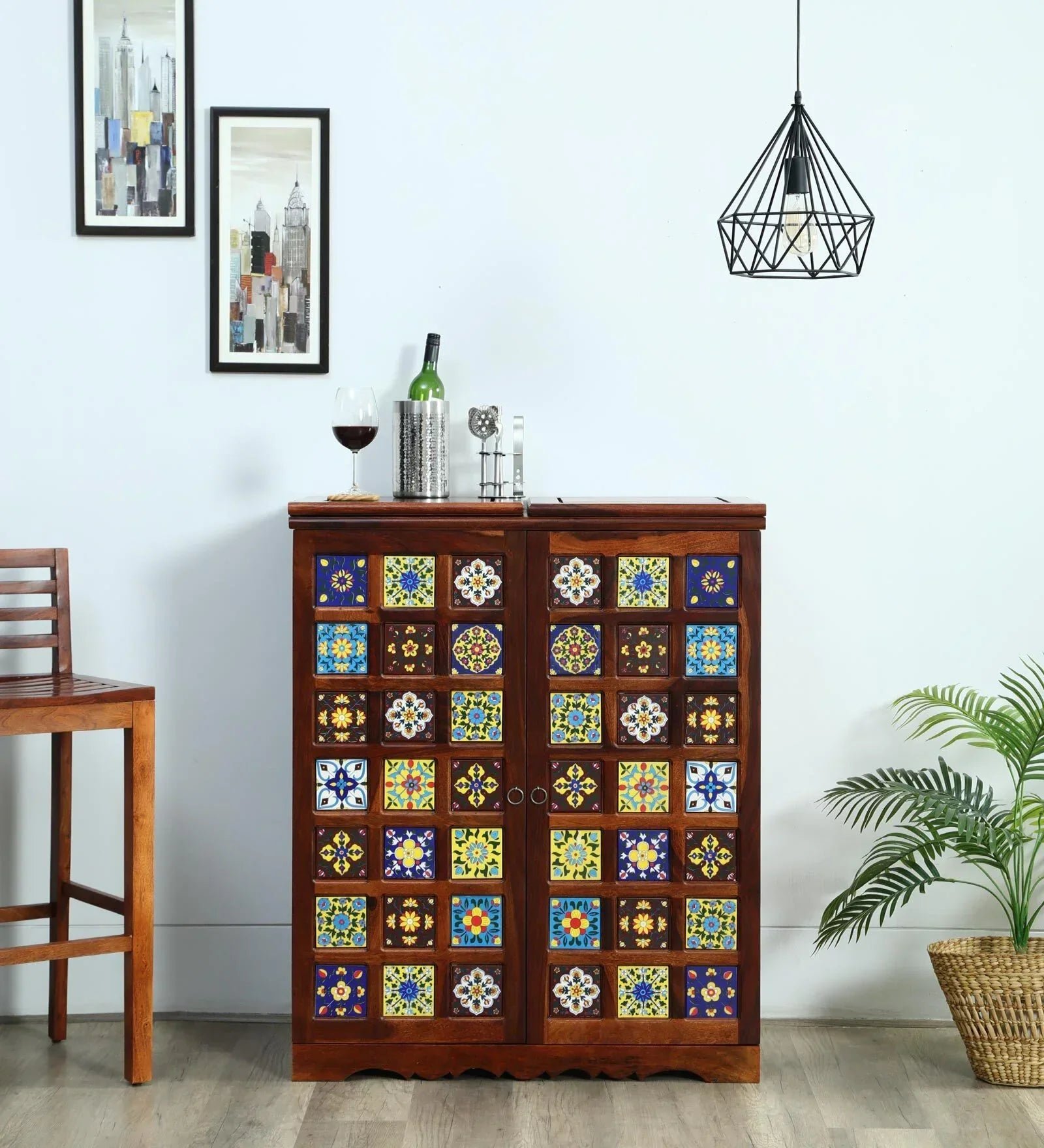 Sheesham Wood Bar Cabinet In Honey Oak Finish