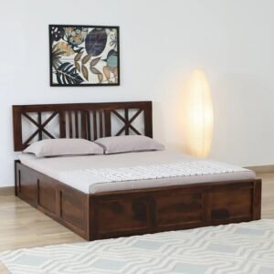 Sheesham Wood Queen Size Bed In Provincial Teak Finish With Headboard & Hydraulic Storage