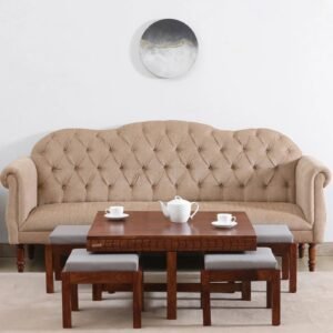 Sheesham Wood Nesting Coffee Table Set in Scratch Resistant Honey Oak Finish With Cushioned Stools