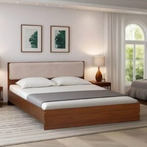 King size Bed in Planked Walnut Finish with Upholstered Headboard