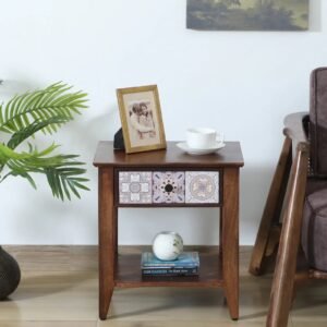 Zellige Solid Wood End Table In Tubbaq Finish With Drawer