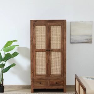 Mango Wood 2 Door Wardrobe In Rustic Teak Finish With Drawer