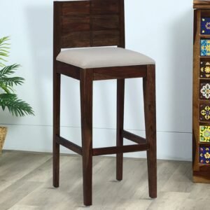 Sheesham Wood Full Back Bar Stool In Provincial Teak Finish with Beige Cushion