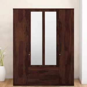 4 Door Wardrobe With Mirror In Sheesham Woodpore Finish With Locker & Drawer