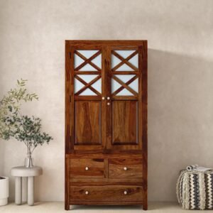 Sheesham Wood 2 Door Wardrobe In Scratch Resistant Provincial Teak Finish With Drawer