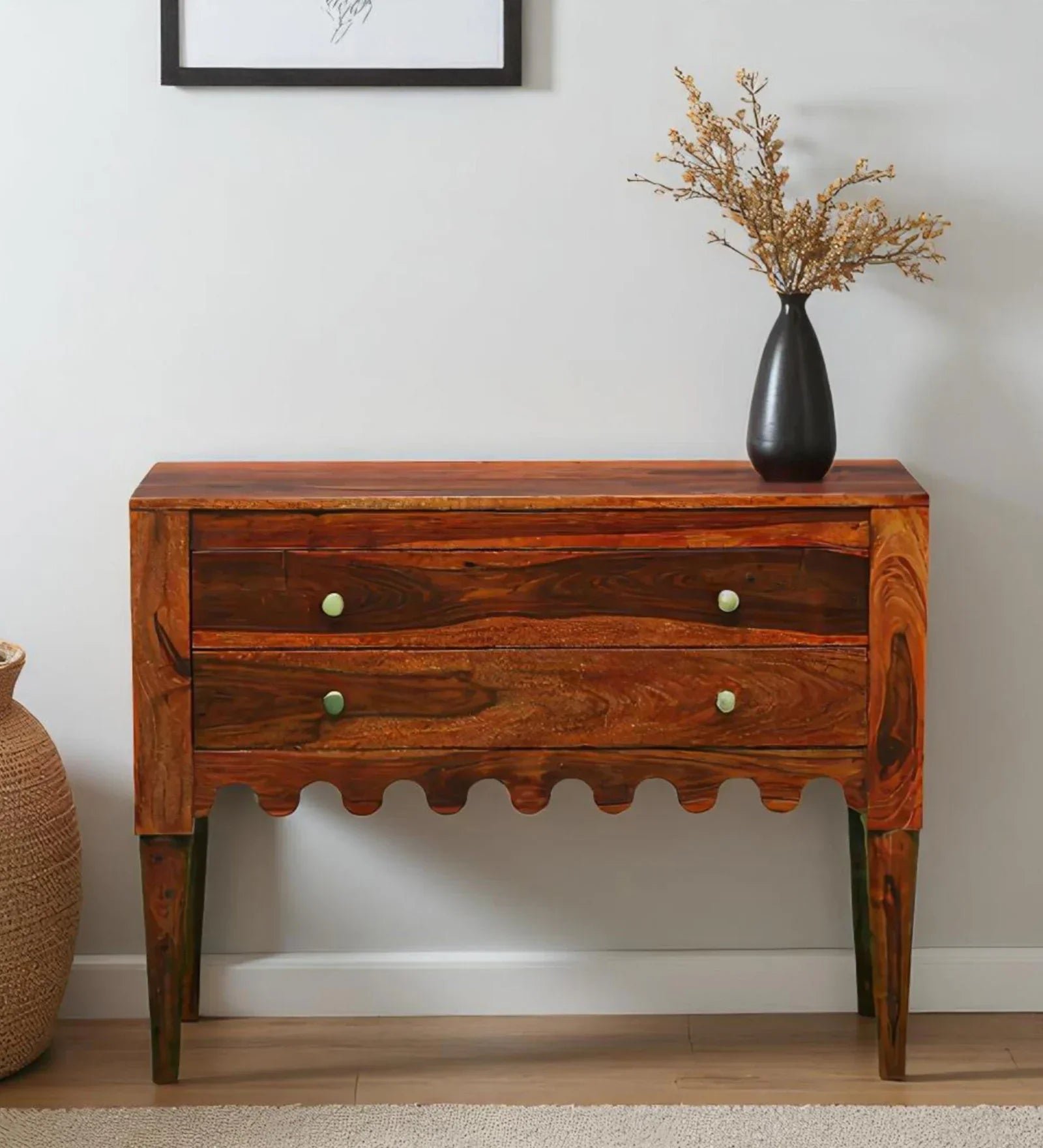 Ravenel Sheesham Wood Two Drawer Console Table In Honey Oak Finish