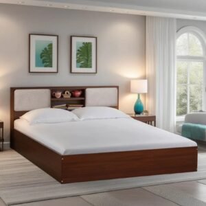 King size Bed in Planked Walnut Finish with Box Storage & Upholstered Headboard Storage