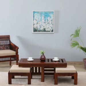 Solid Wood Nesting Coffee Table Set in Honey Oak Finish With Cushioned Stools