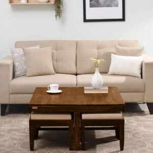 Sheesham Wood Nesting Coffee Table Set in Provincial Teak Finish With Cushioned Stools