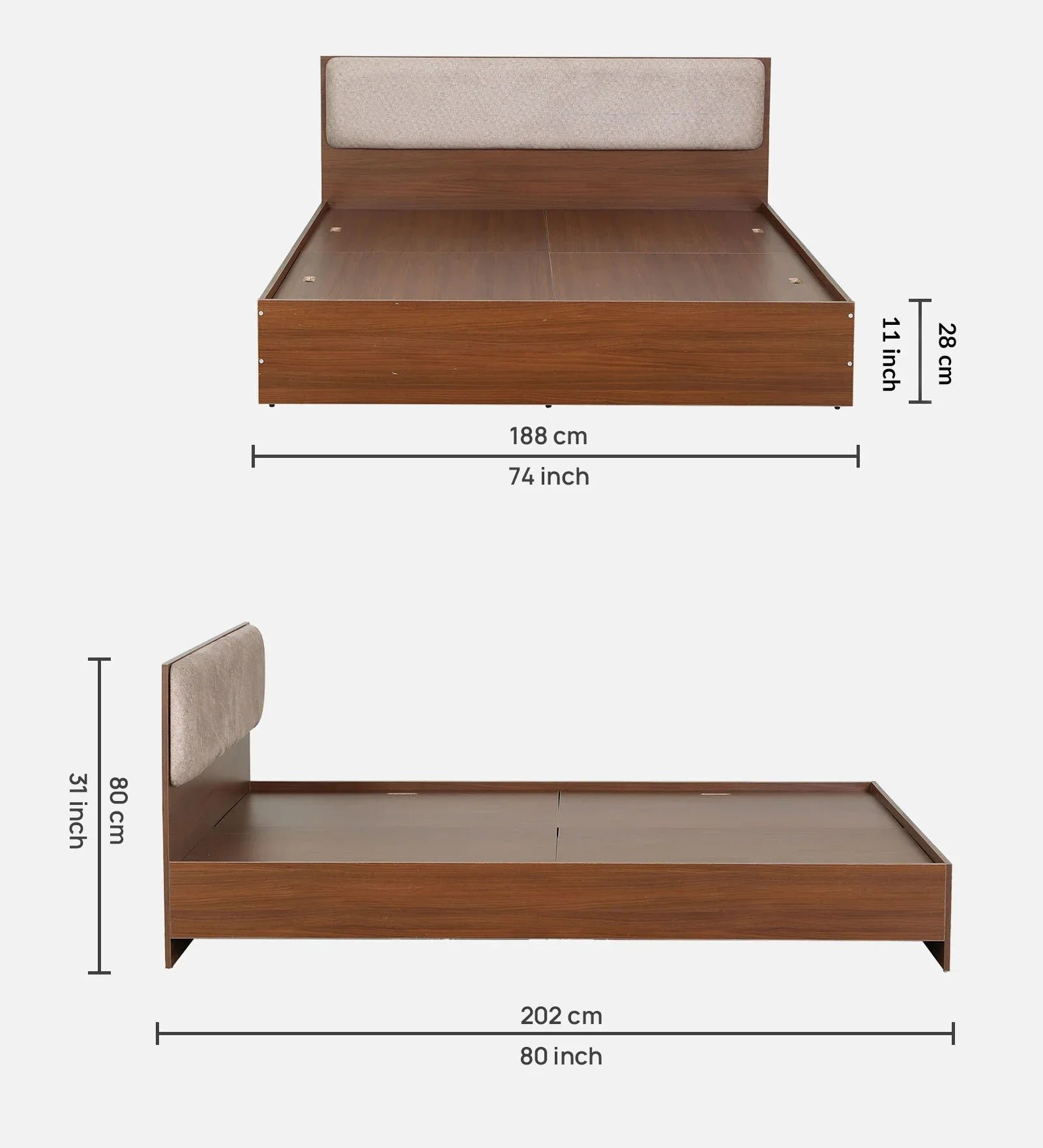 King size Bed in Planked Walnut Finish with Upholstered Headboard - Image 2