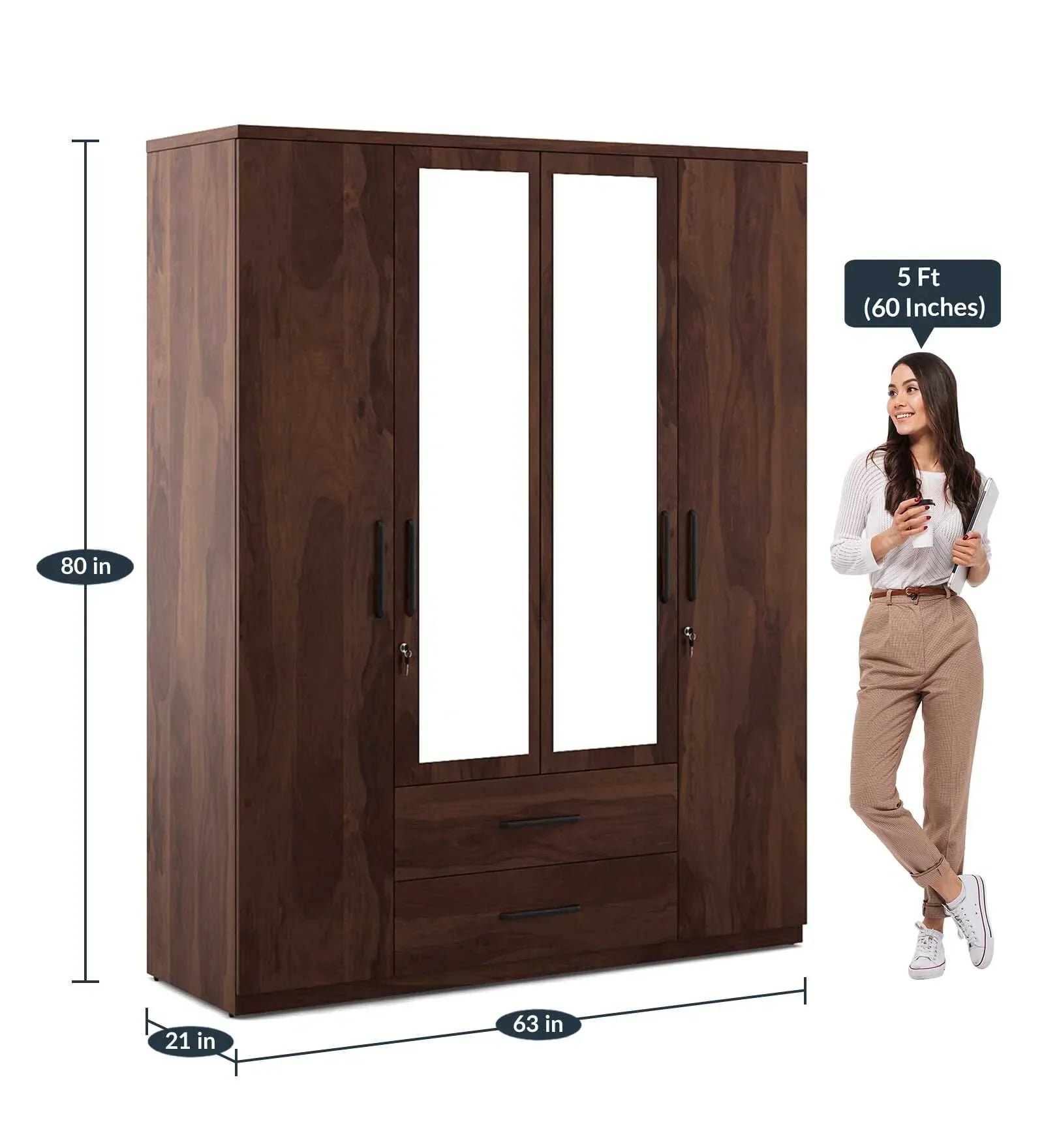 4 Door Wardrobe With Mirror In Sheesham Woodpore Finish With Locker & Drawer - Image 2