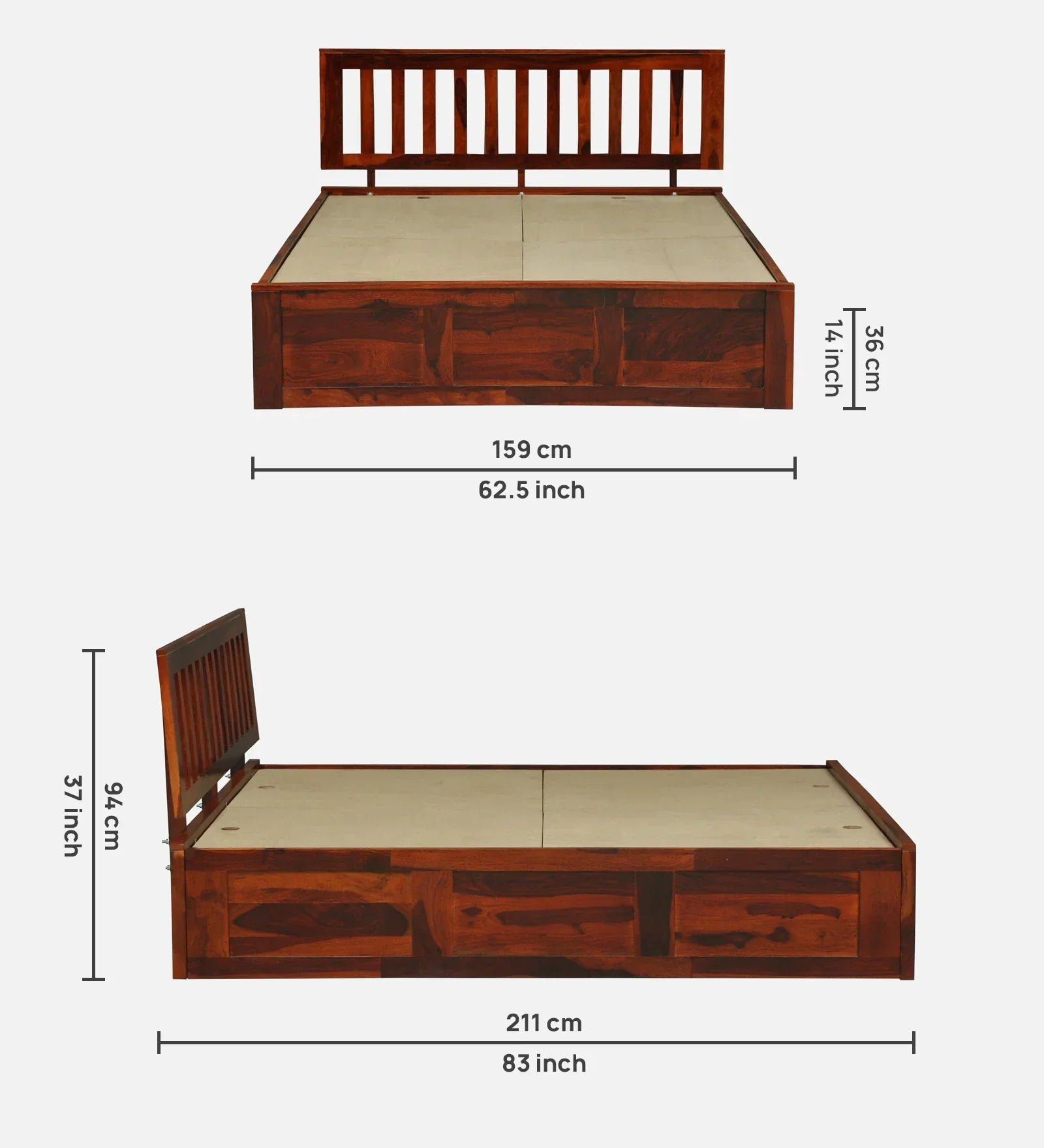 Sheesham Wood Queen Size Bed In Honey Oak Finish With Box Storage - Image 4