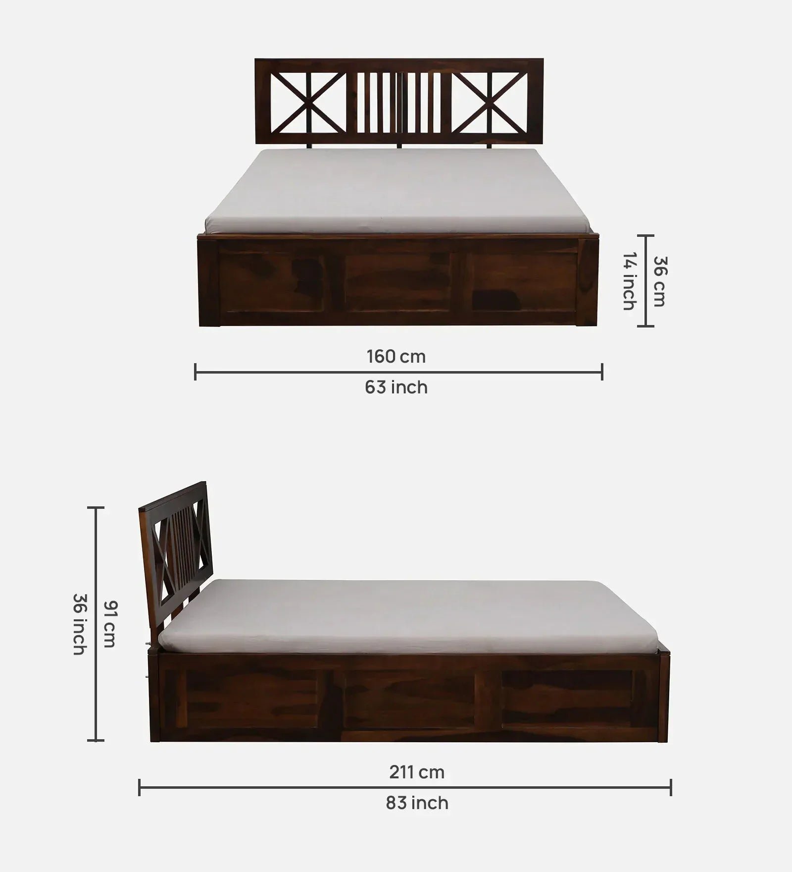 Sheesham Wood Queen Size Bed In Provincial Teak Finish With Headboard & Hydraulic Storage - Image 6