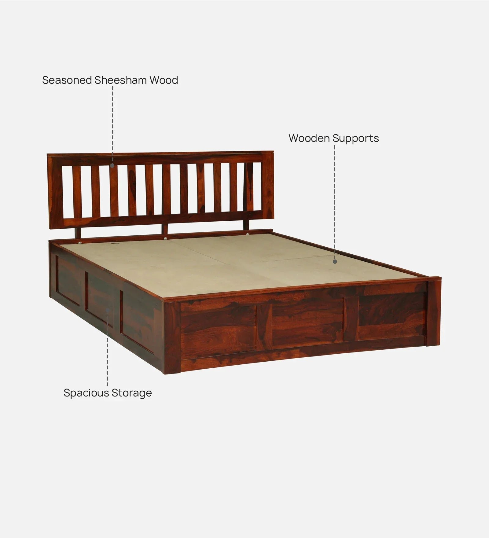 Sheesham Wood Queen Size Bed In Honey Oak Finish With Box Storage - Image 5