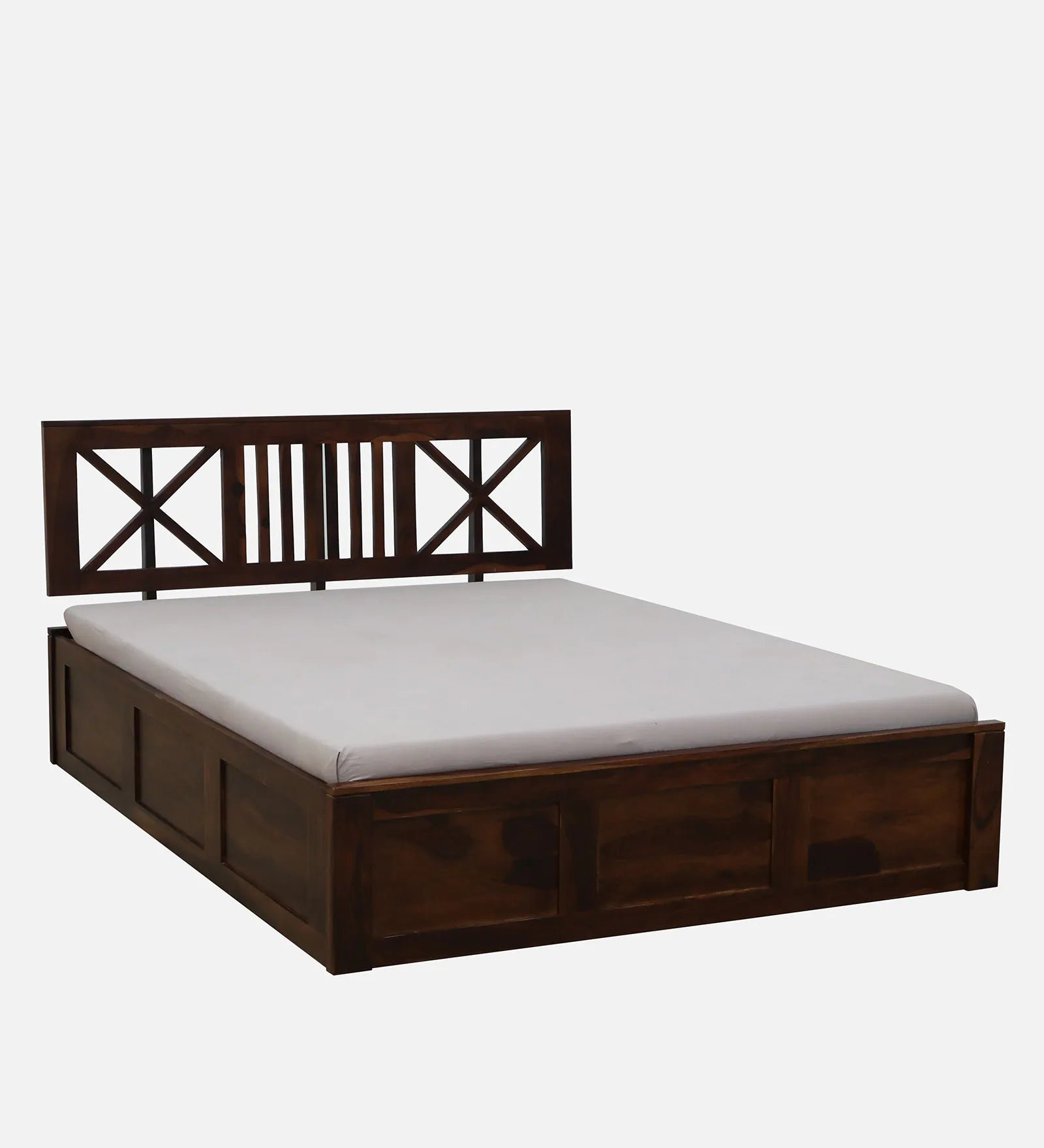 Sheesham Wood Queen Size Bed In Provincial Teak Finish With Headboard & Hydraulic Storage - Image 7