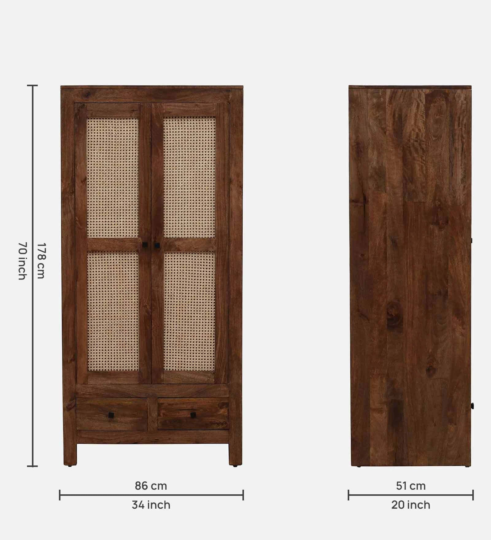 Mango Wood 2 Door Wardrobe In Rustic Teak Finish With Drawer - Image 5