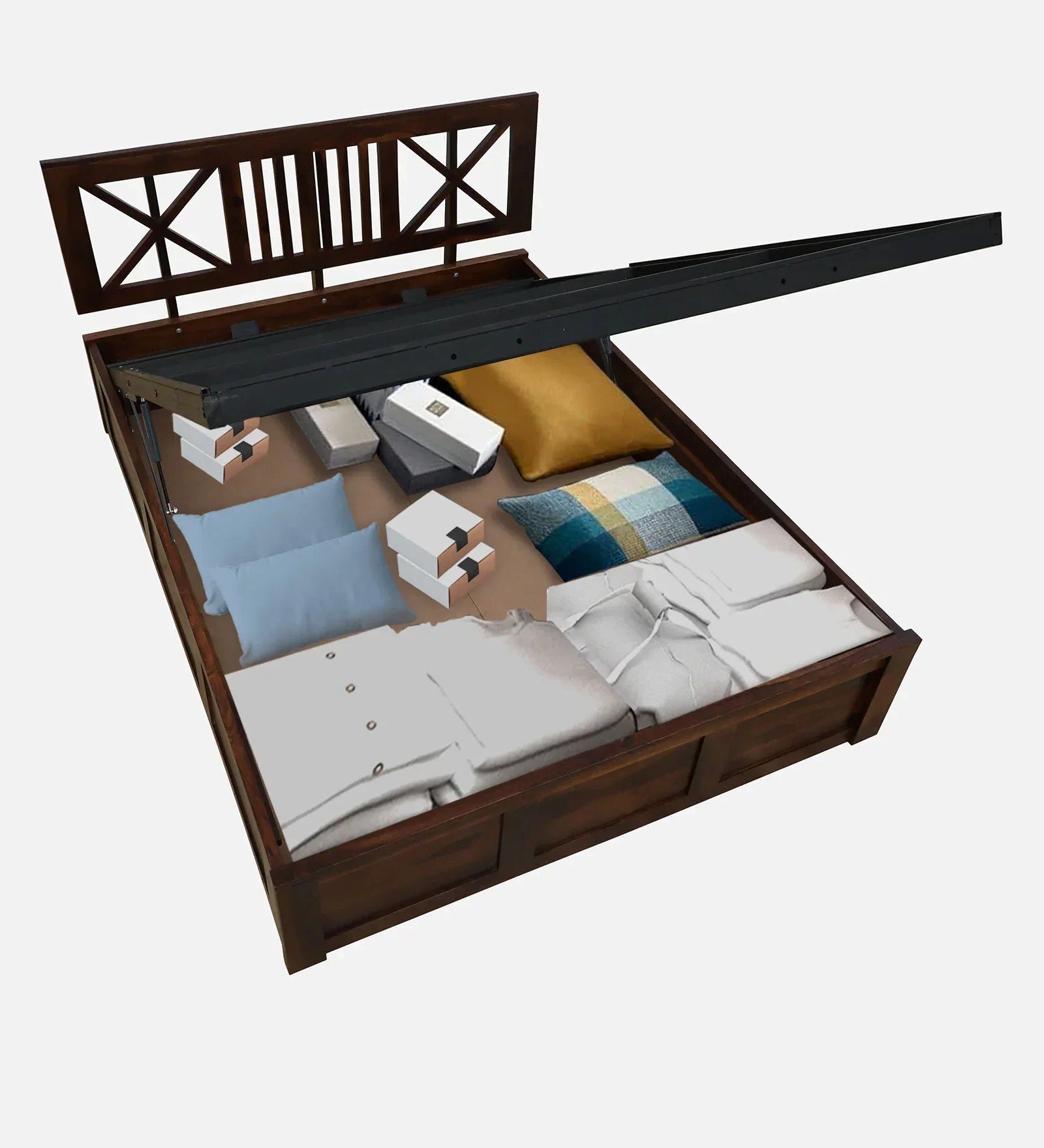 Sheesham Wood Queen Size Bed In Provincial Teak Finish With Headboard & Hydraulic Storage - Image 8