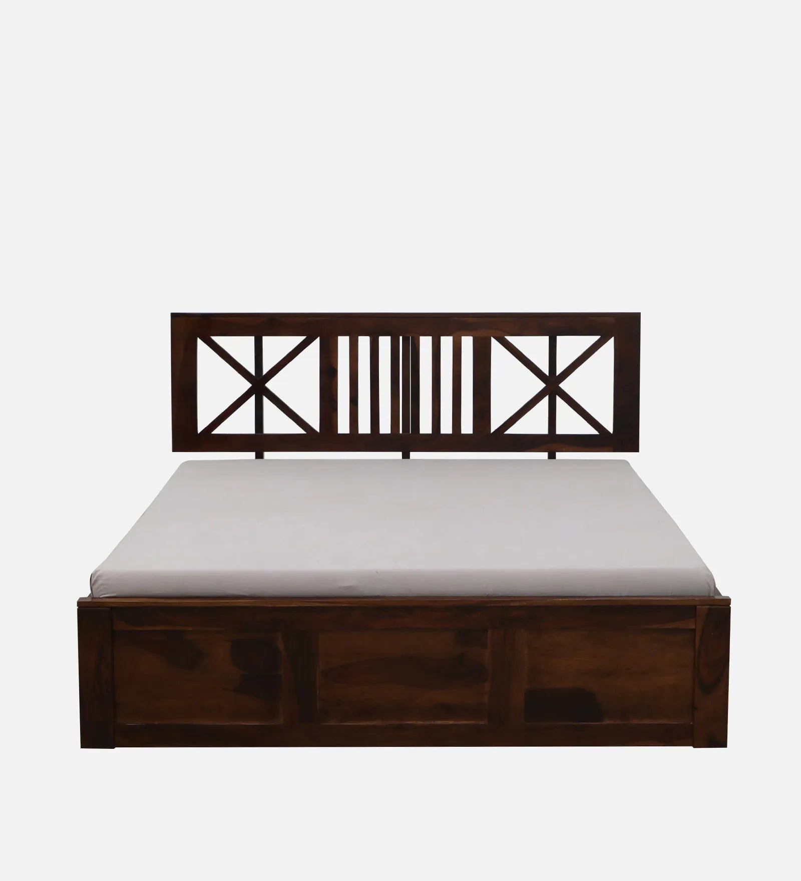 Sheesham Wood Queen Size Bed In Provincial Teak Finish With Headboard & Hydraulic Storage - Image 9