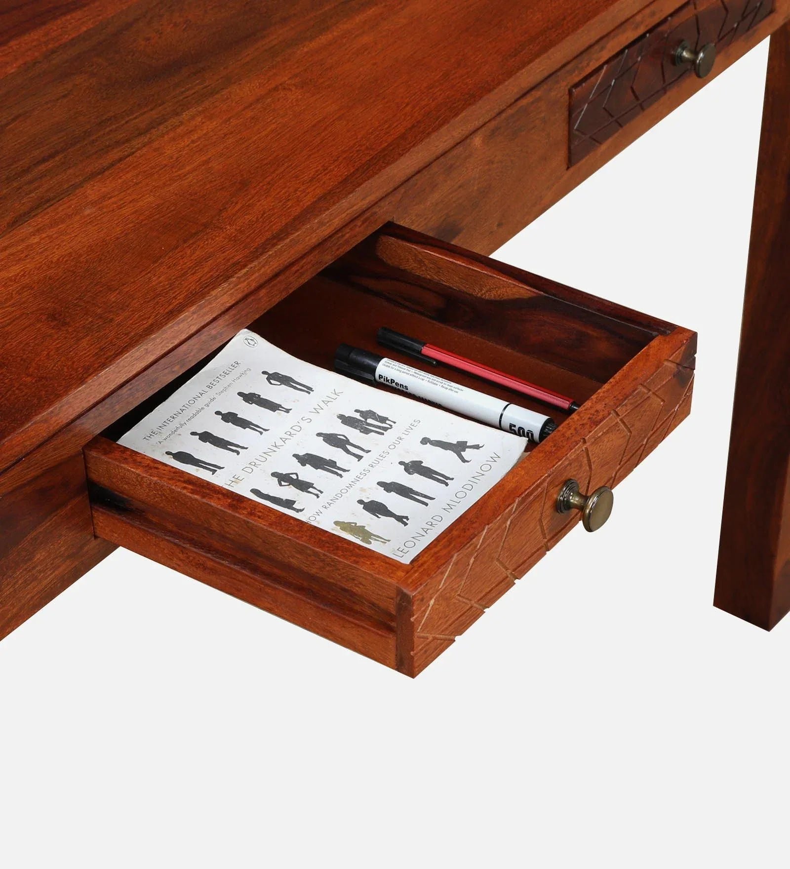 Sheesham Wood Writing Table in Scratch Resistant Honey Oak Finish With Drawers - Image 8