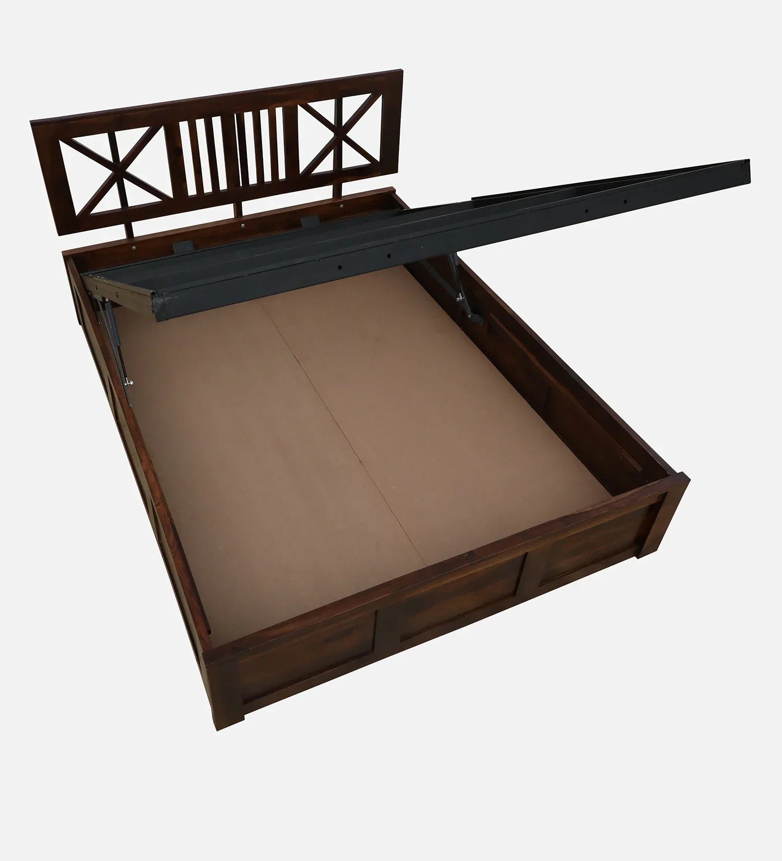 Sheesham Wood Queen Size Bed In Provincial Teak Finish With Headboard & Hydraulic Storage - Image 12