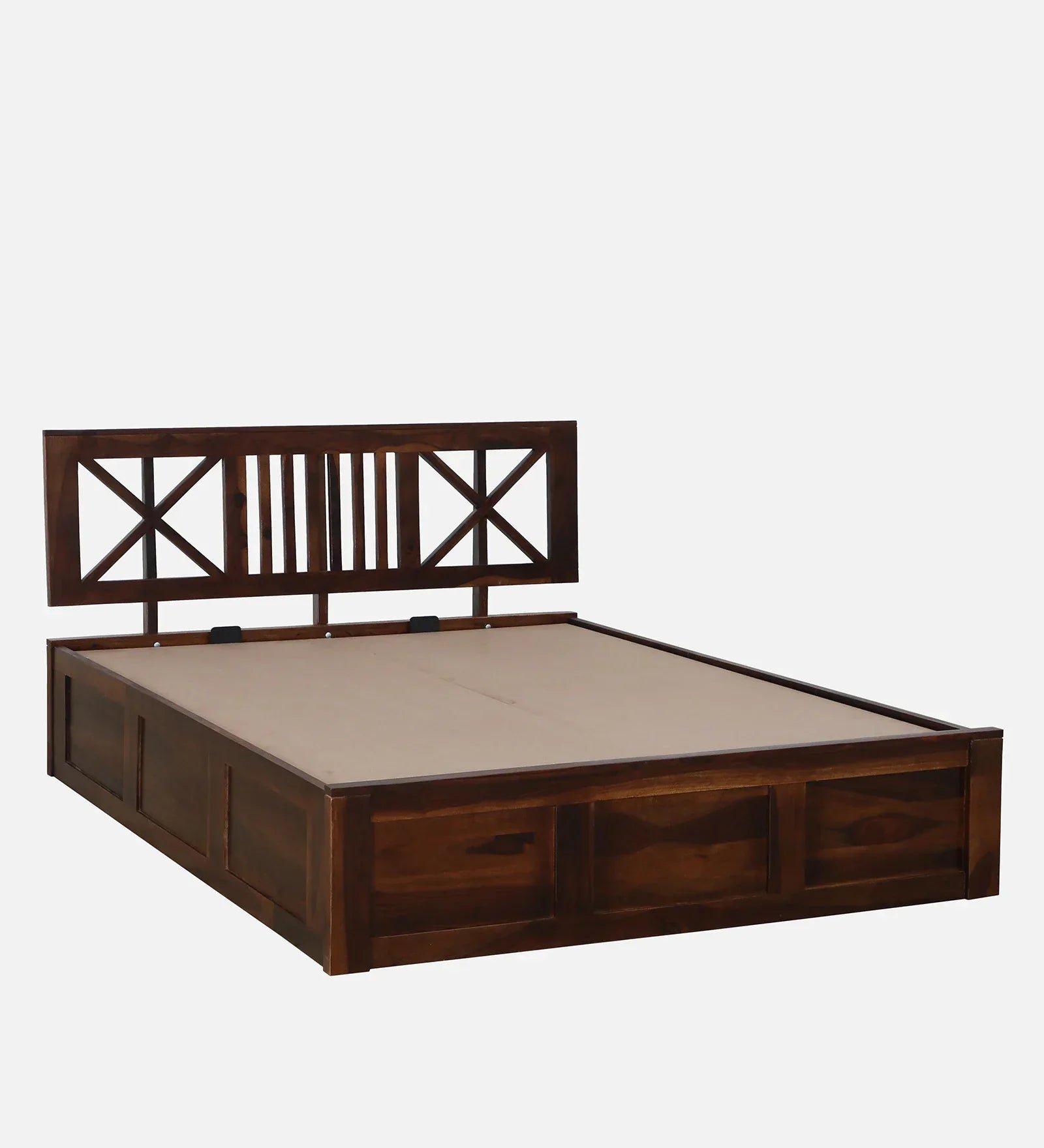Sheesham Wood Queen Size Bed In Provincial Teak Finish With Headboard & Hydraulic Storage - Image 13