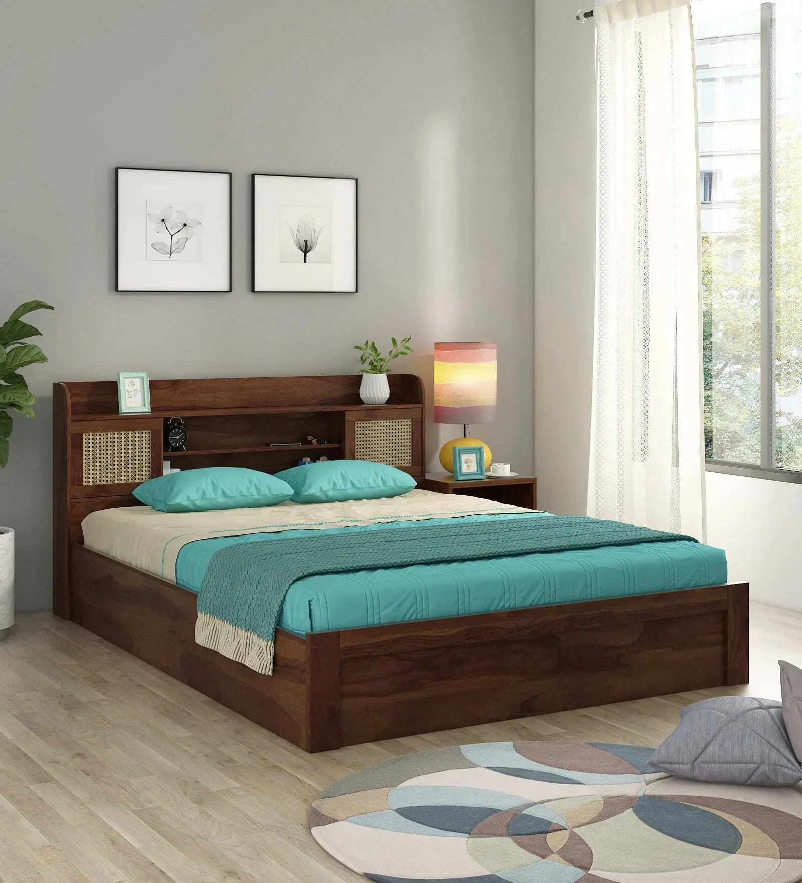 King Size Sheesham Melamine Finish Wooden Bed with Hydraulic Storage - MR ARTS