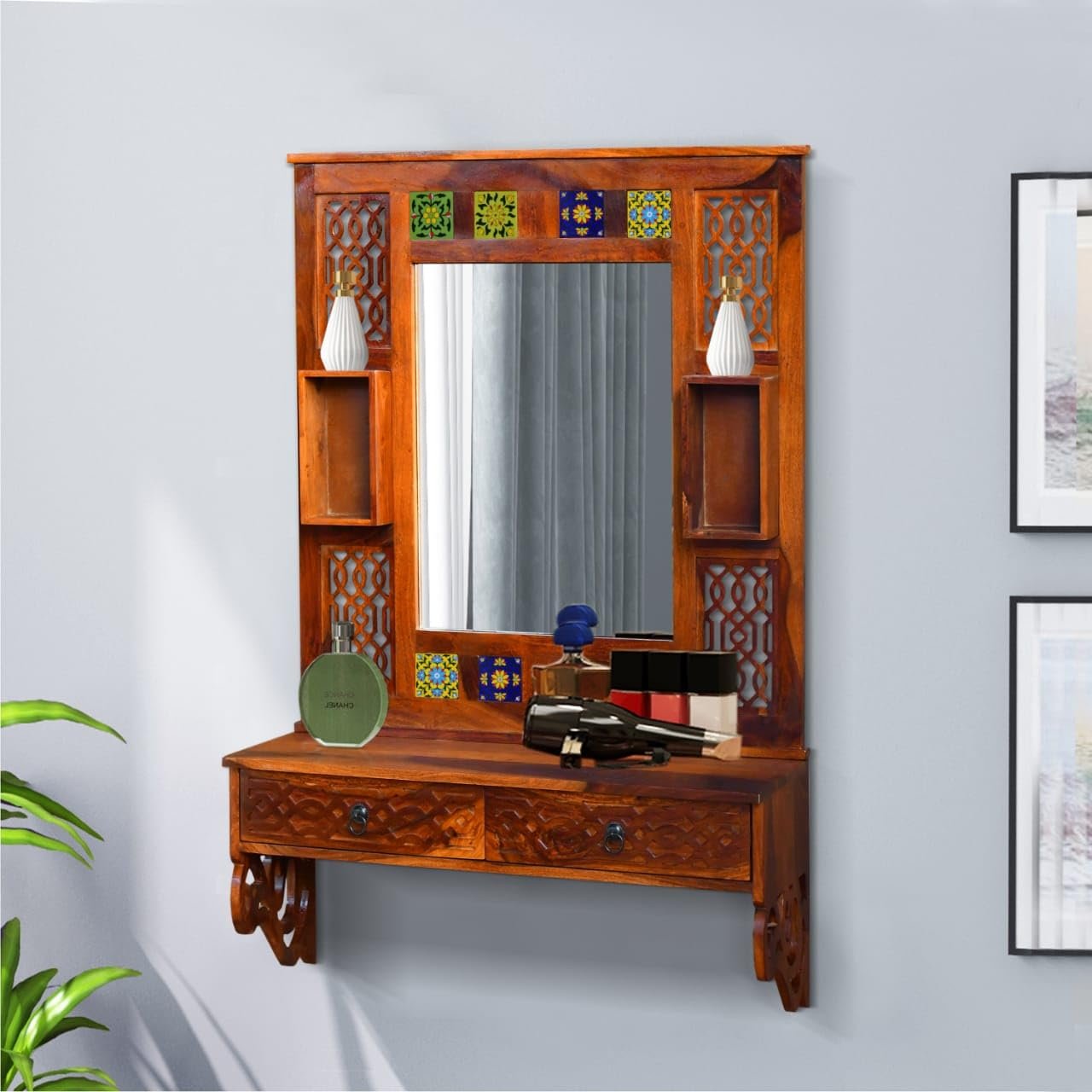 Sheesham Wood Storage Dressing Mirror with Honey Finish - MR ARTS - Image 3