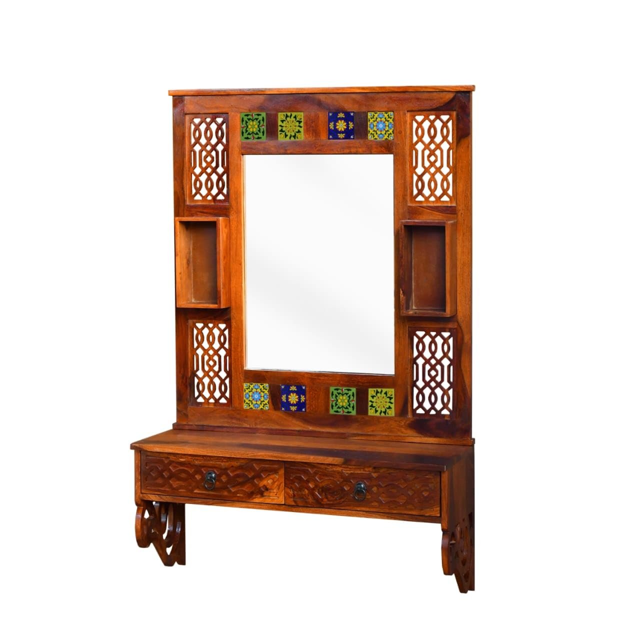 Sheesham Wood Storage Dressing Mirror with Honey Finish - MR ARTS - Image 6