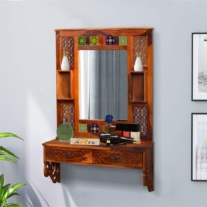 Sheesham Wood Storage Dressing Mirror with Honey Finish - MR ARTS