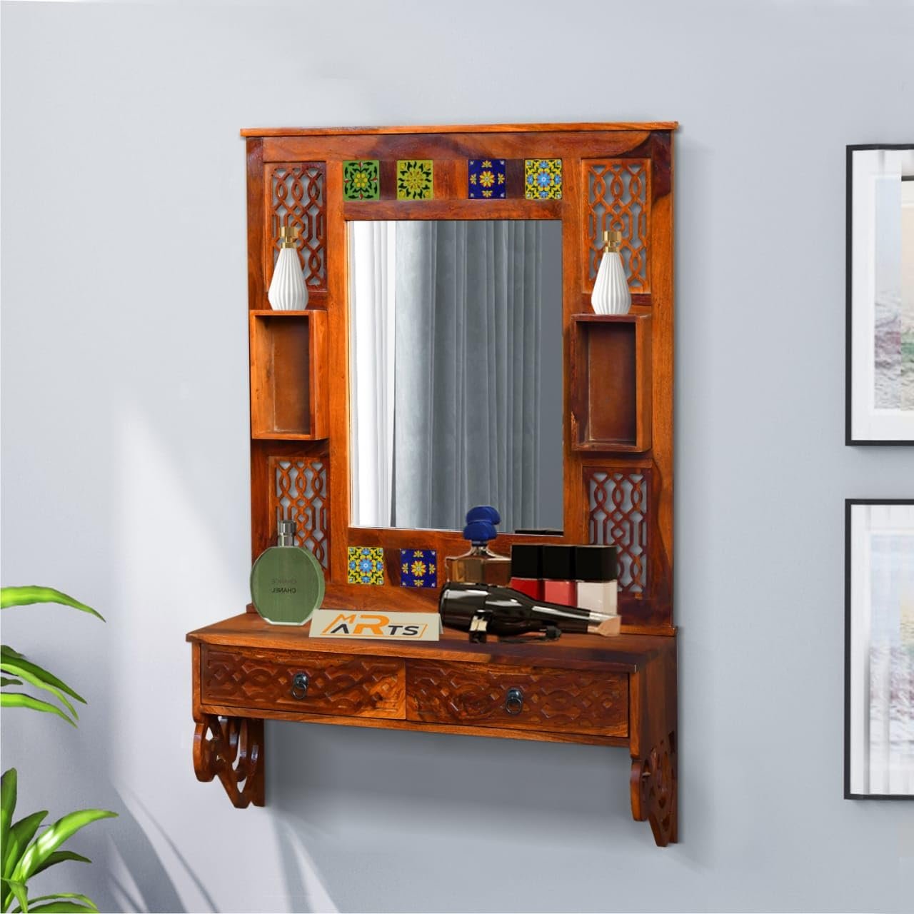 Sheesham Wood Storage Dressing Mirror with Honey Finish - MR ARTS