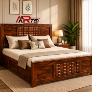 King Size Sheesham Wood Bed in Honey Walnut Finish with Box Storage - MR ARTS