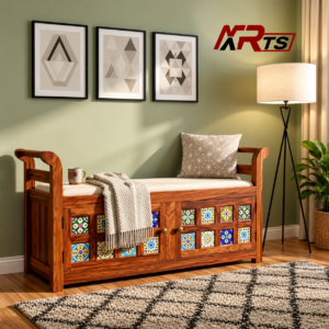 Sheesham Wood 2 Seater Storage Settee with Ceramic Tiles - MR ARTS
