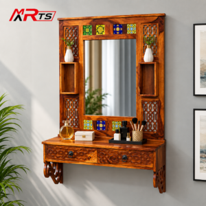 Sheesham Wood Storage Dressing Mirror with Honey Finish - MR ARTS