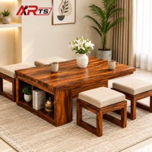 Mr Arts Vesta Sheesham Wood Coffee Table with 4 Stools