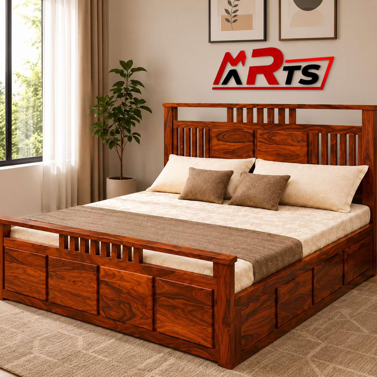 MR ARTS Aura Slatted Solid Sheesham Wood King Bed with Box Storage