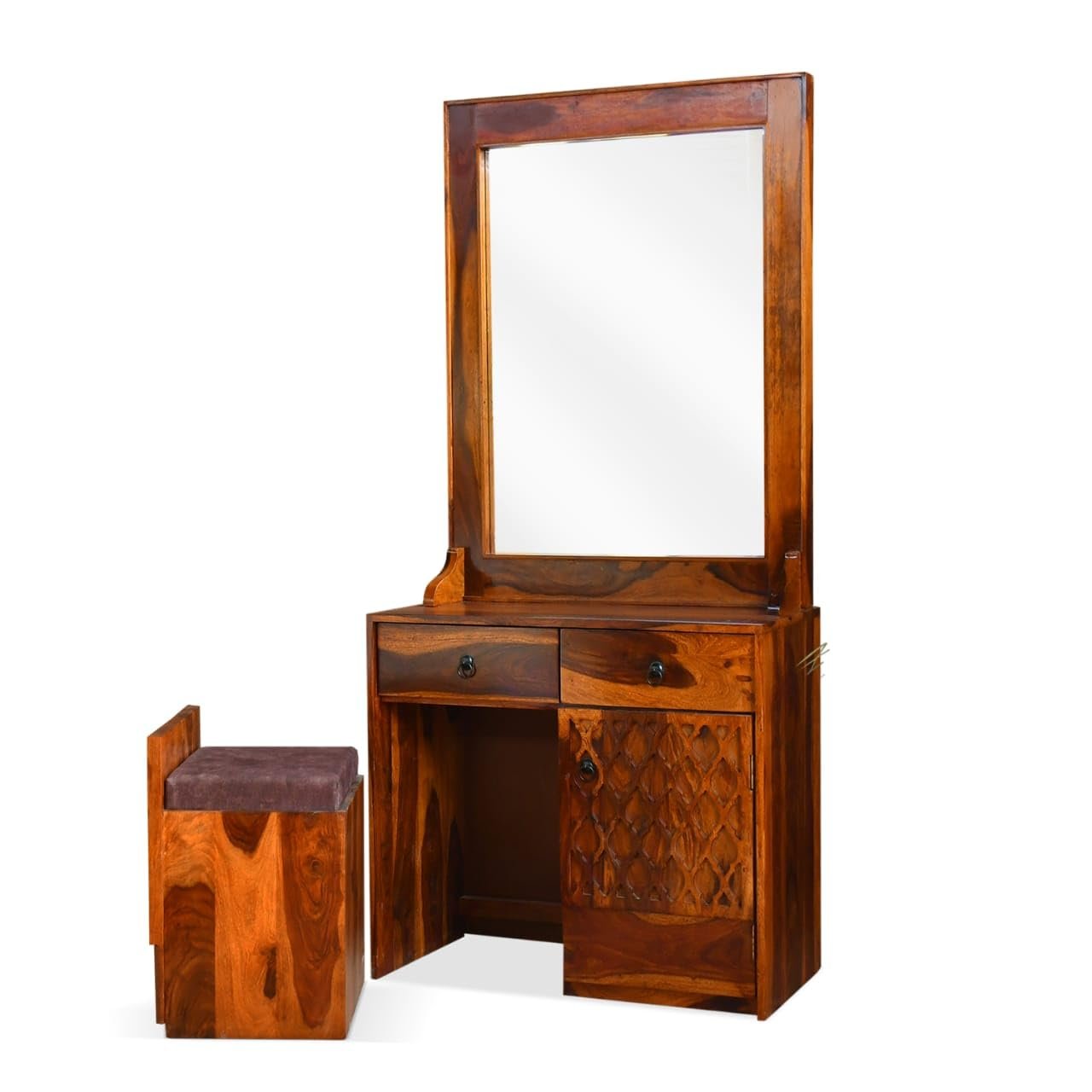 Sheesham Wood Dressing Mirror with 2 Drawers and Stool - MR ARTS - Image 4