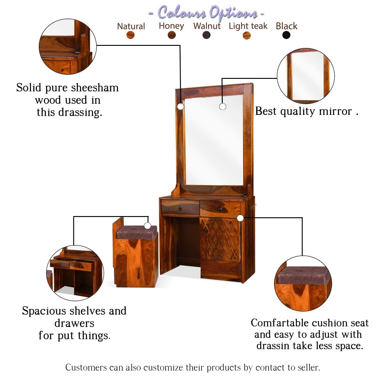 Sheesham Wood Dressing Mirror with 2 Drawers and Stool - MR ARTS - Image 5