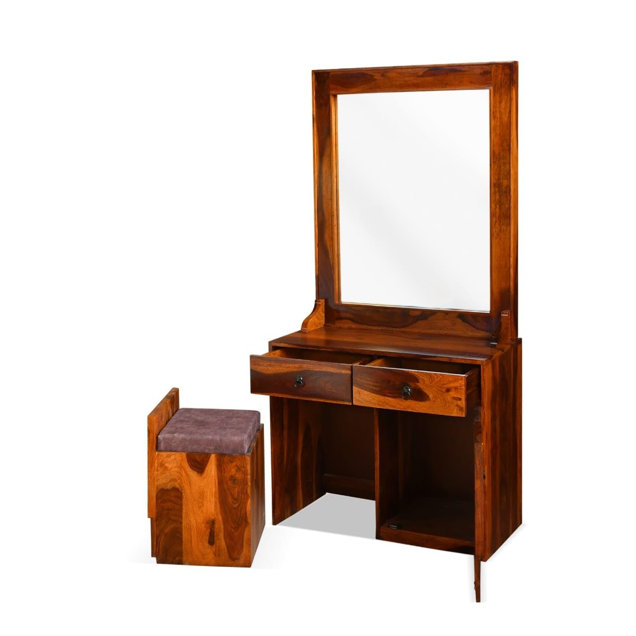 Sheesham Wood Dressing Mirror with 2 Drawers and Stool - MR ARTS - Image 6