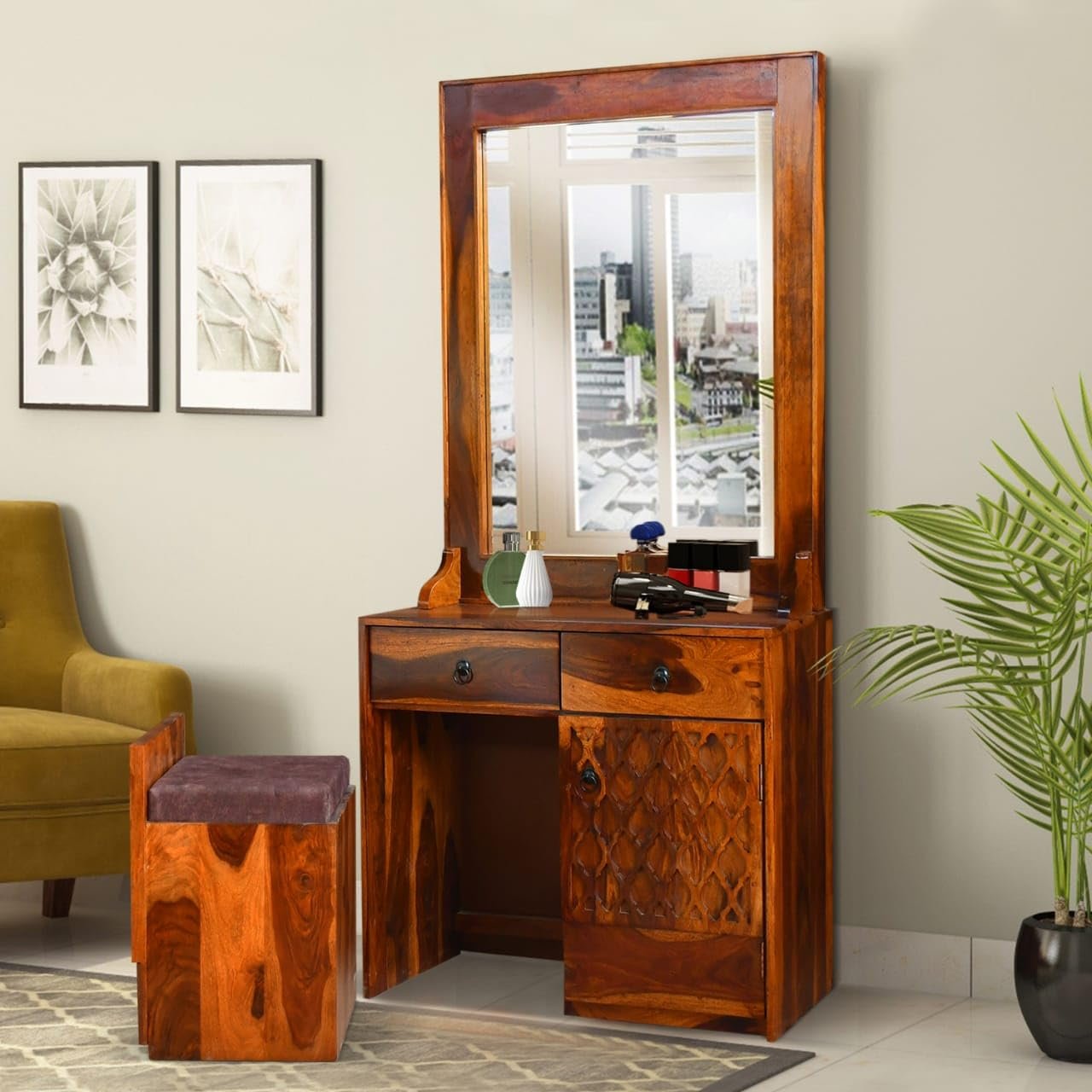 Sheesham Wood Dressing Mirror with 2 Drawers and Stool - MR ARTS - Image 9