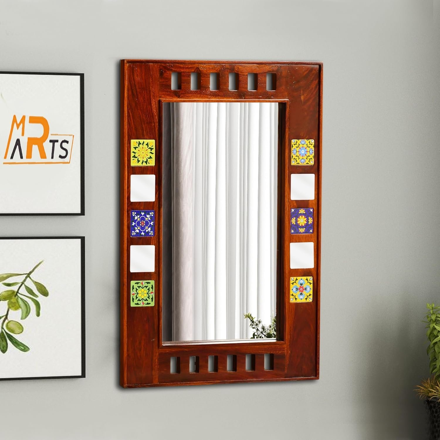 Sheesham Wood Decorative Wall Mirror in Honey Finish - MR ARTS
