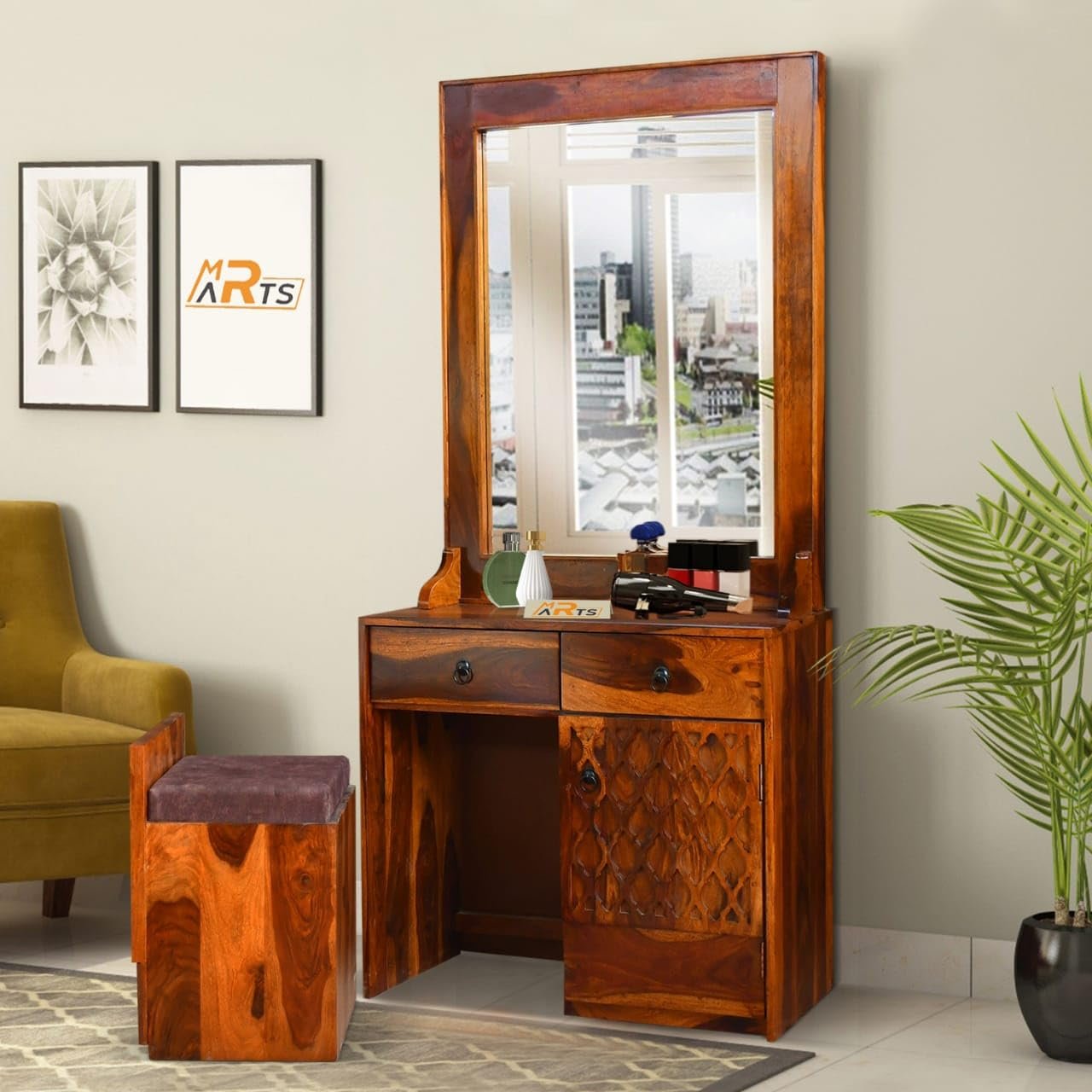 Sheesham Wood Dressing Mirror with 2 Drawers and Stool - MR ARTS