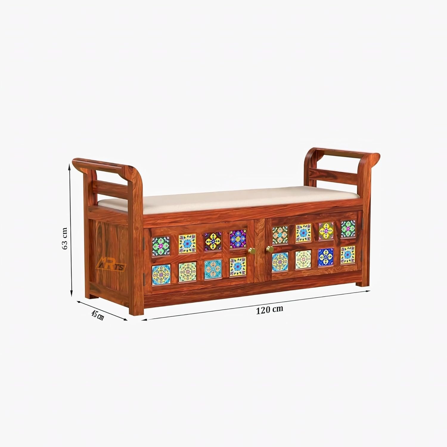 Sheesham Wood 2 Seater Storage Settee with Ceramic Tiles - MR ARTS - Image 6