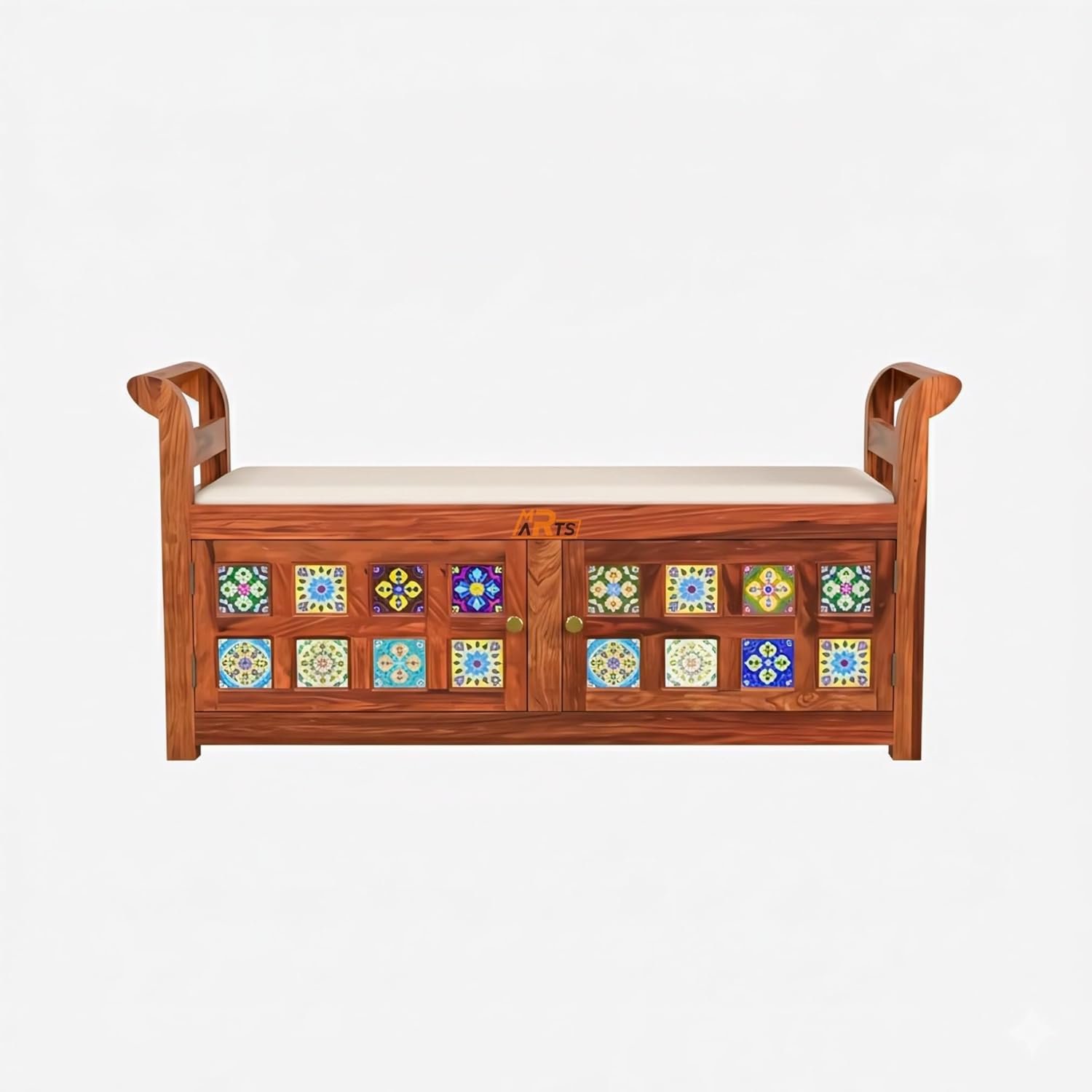 Sheesham Wood 2 Seater Storage Settee with Ceramic Tiles - MR ARTS - Image 5