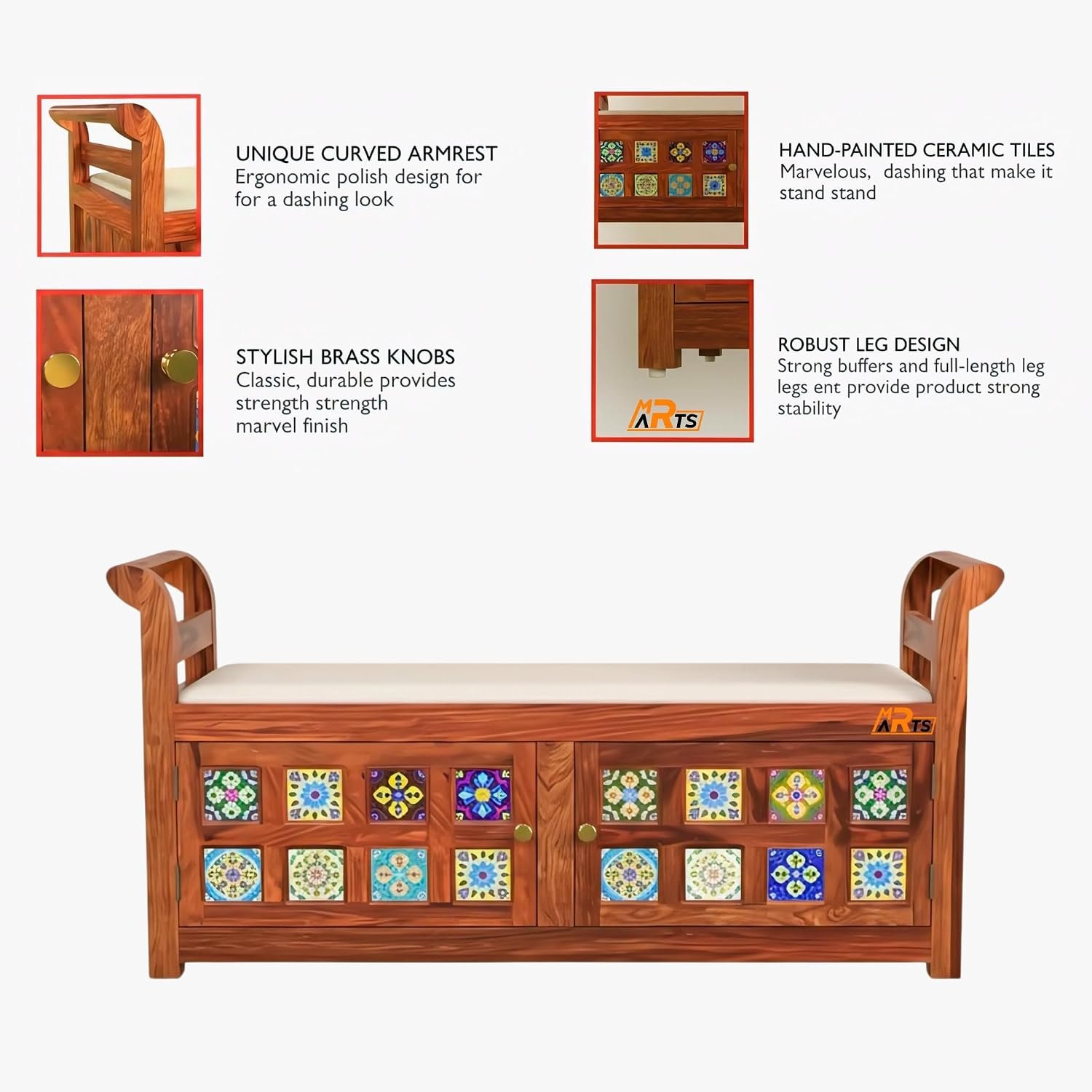 Sheesham Wood 2 Seater Storage Settee with Ceramic Tiles - MR ARTS - Image 3
