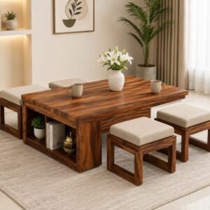 Mr Arts Vesta Sheesham Wood Coffee Table with 4 Stools