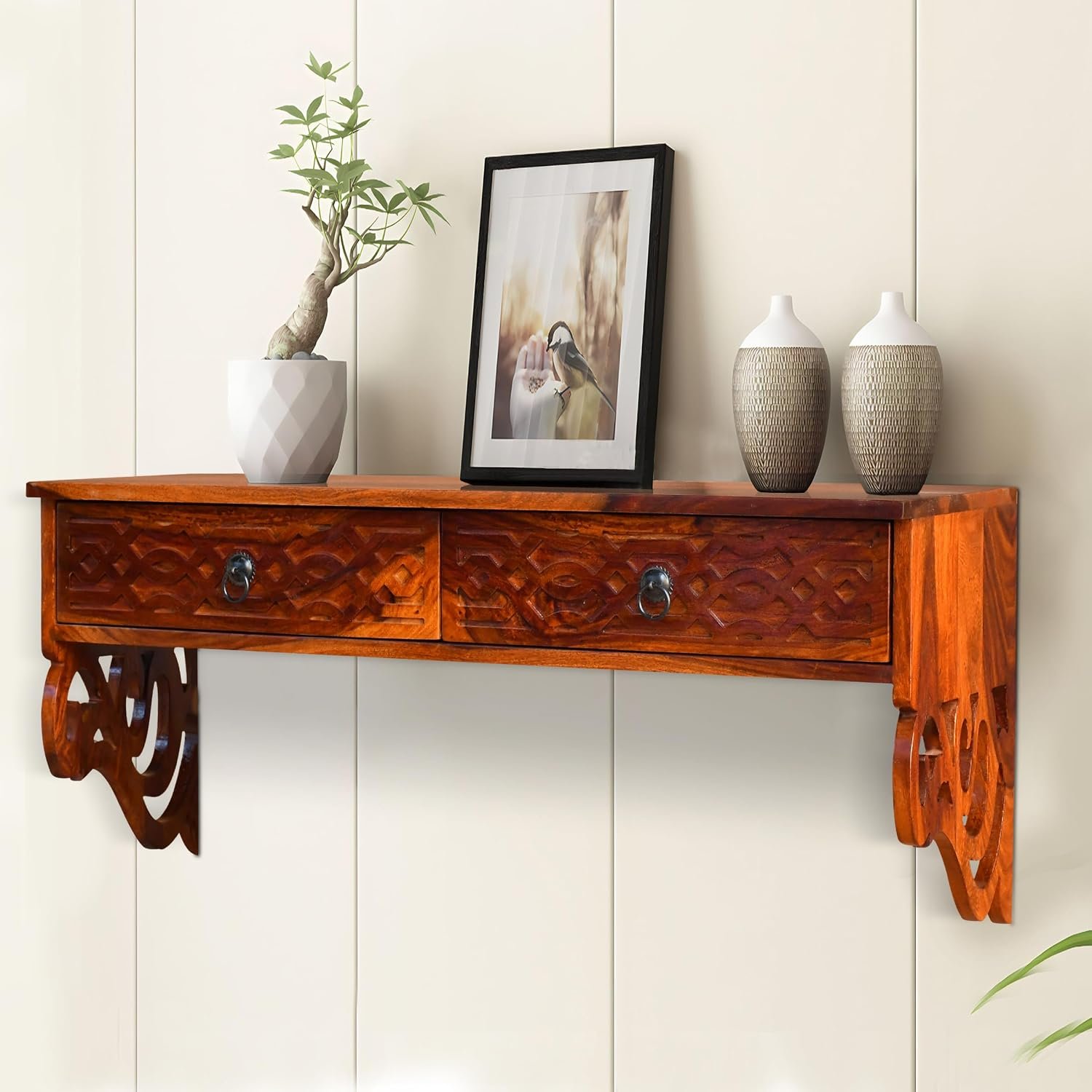 Sheesham Wood Wall Mounted Wine Rack and Decorative Shelf - MR ARTS - Image 6