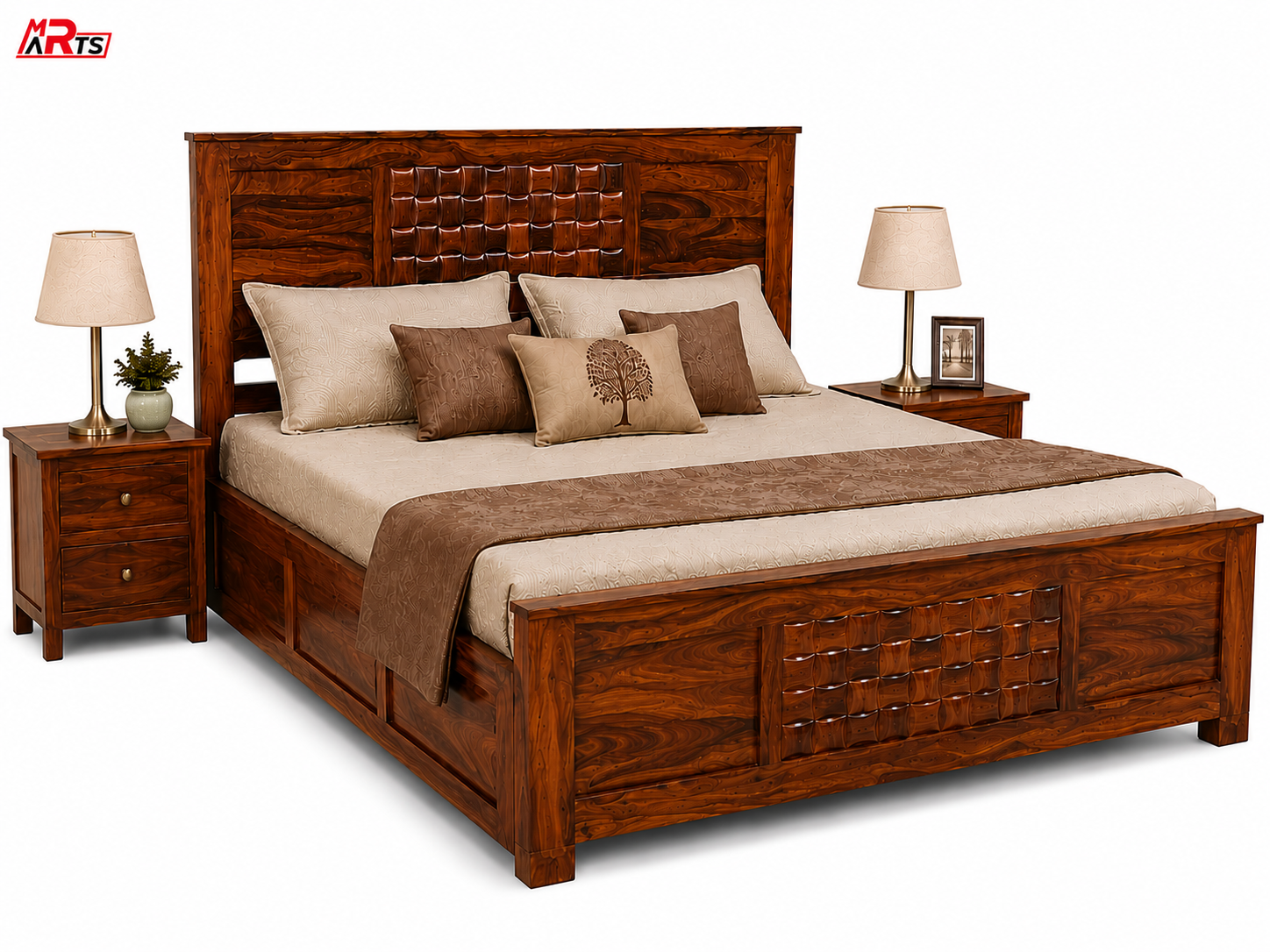 King Size Sheesham Wood Bed in Honey Walnut Finish with Box Storage - MR ARTS - Image 4