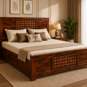 King Size Sheesham Wood Bed in Honey Walnut Finish with Box Storage - MR ARTS